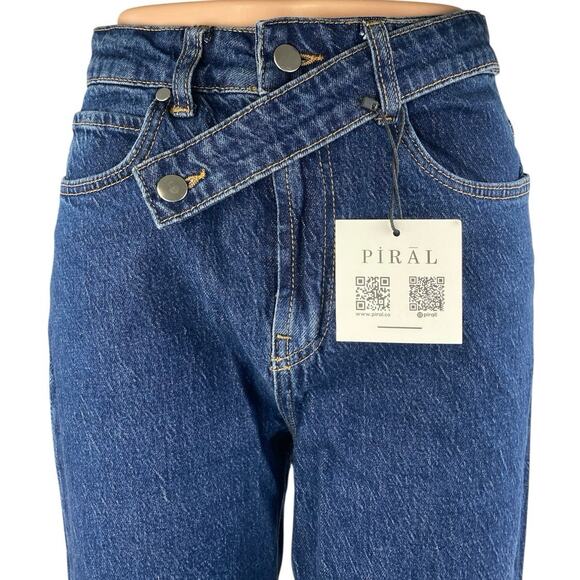 NEW Piral Women's Blue High Waisted Cross Belt Straight Denim Jeans Size M - Picture 4 of 5